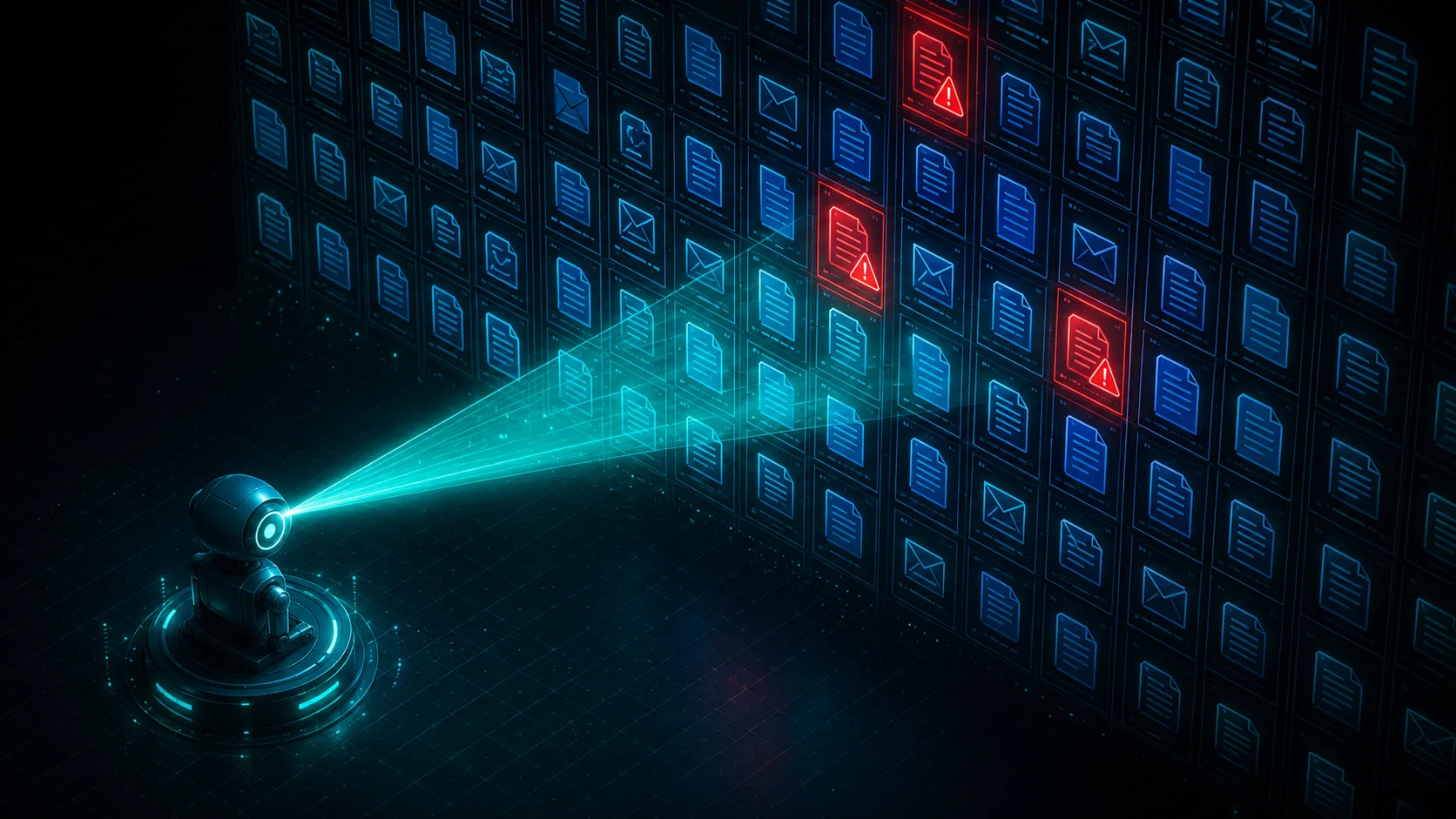 An AI scanner sweeping a vault of documents, four flaring red