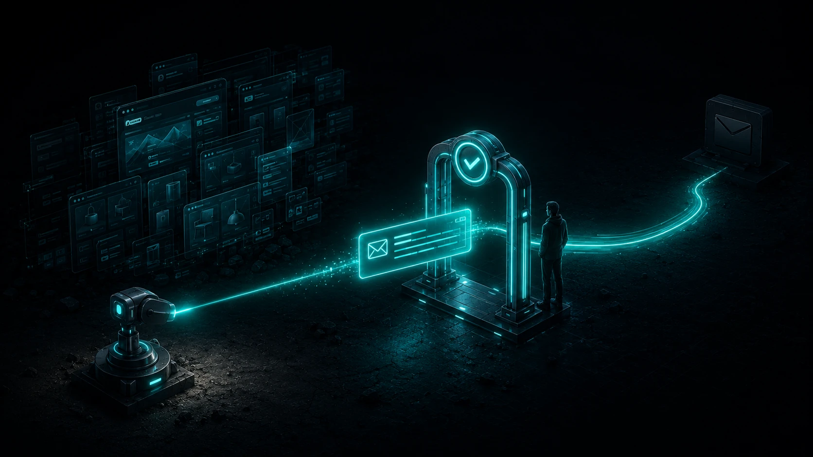 An AI scanner reads a cluttered small-business website and drafts a personalized email that passes through a glowing human-approval gate before it can send.